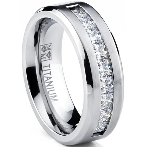 Titanium 1Ct. Men's Wedding Band Engagement Ring with 9 large Princess Cut Cubic Zirconia