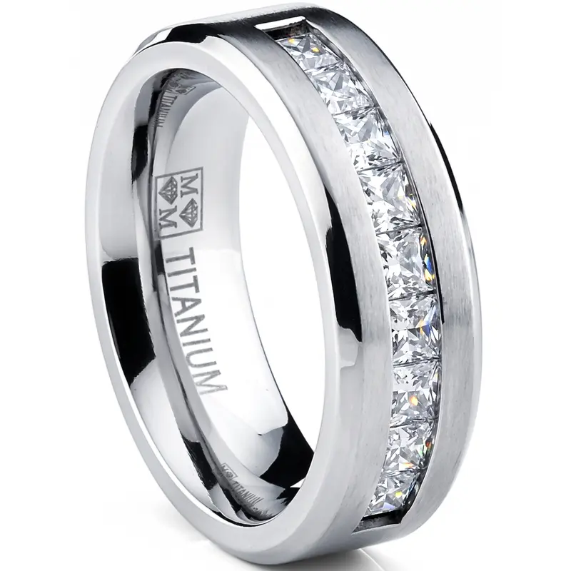 Titanium 1Ct. Men's Wedding Band Engagement Ring with 9 large Princess Cut Cubic Zirconia