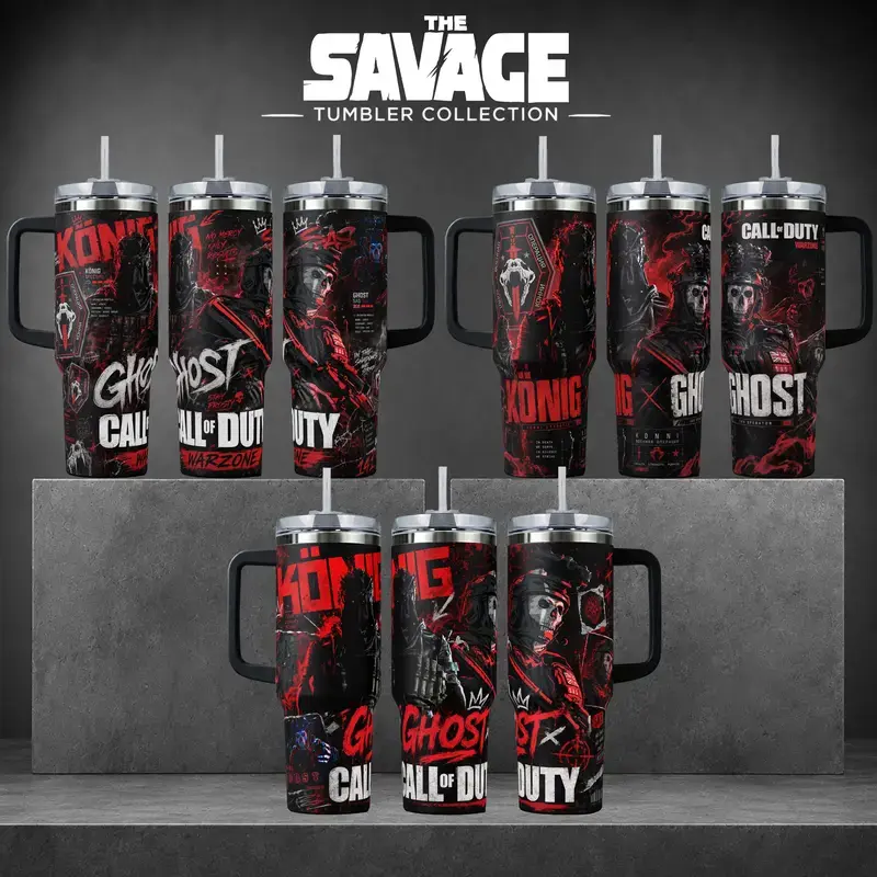 [Gift box & Starw] Call of Duty Ghost & Konig Collection Insulated Stainless Steel Tumbler - 40oz Portable Water Bottles with Silicone Lid, Handle & Straw, Tactical Gaming Merch Gift for Fans