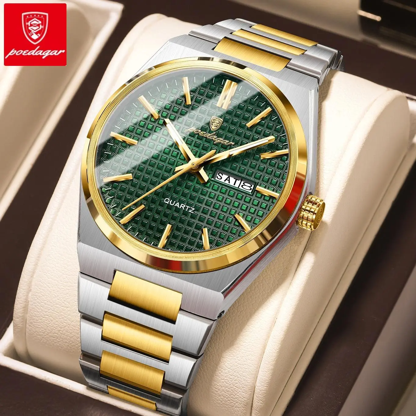 Poedagar Men's Luxury Quartz Watch - Business Fashion Wristwatch, Casual Trendy Style, Luminous Waterproof Stainless Steel Build, Date and Week Display, Business Fashion Watches, Luminous Waterproof Watch