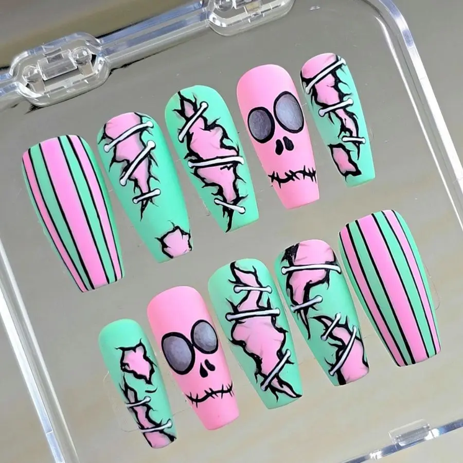 10pcs Coffin Press On Nails Handmade Halloween Art Zoombie Design Glossy Reusable Full Cover False Nail Set for Women Perfect for Special Occasions & Everyday Look