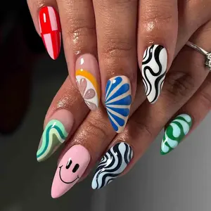 Pop Press On Nails 3D Smile Face Retro Swirls Colorful Block