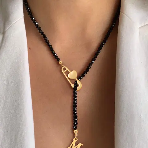 Women's Elegant Crystal Beaded Necklace, Letter Pendant Heart Pin Buckle Design, Fashionable All-Season Jewelry for Ladies, Fashion Initial Necklace