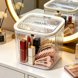 Transparent Plastic Storage Box, Press-Open Lid Desktop Organizer, Dustproof Makeup Tool Container, Hairpin Lipstick Holder, Desk Cleaning Essential