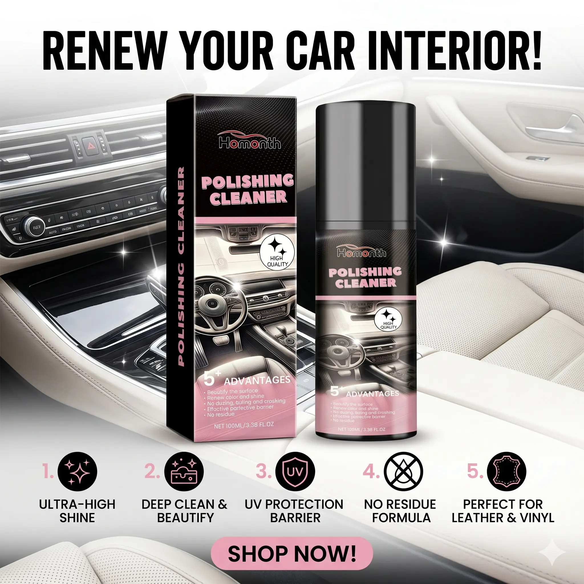 100ml Car Interior Renewal Polish & Cleaner - Auto Detailing Supplies, Car Detailing Product with Glacial Acetic Acid, Enhances Shine and Texture for Automotive Surface Care
