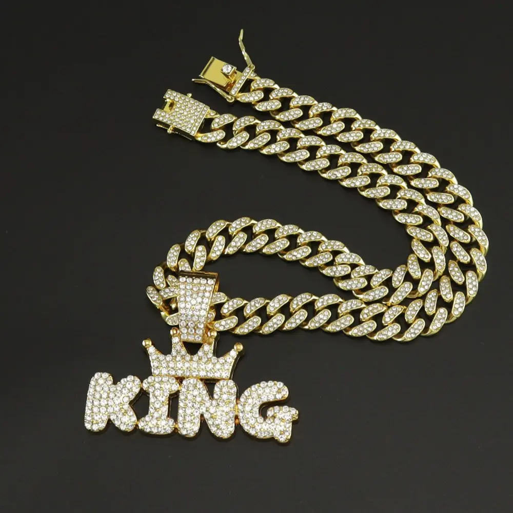 Hip Hop Crown & King Pendant Chunky Chain Necklace, Rhinestone Decor Cuban Link Layered Necklace for Men, Fashion Accessories for Party, Daily Decor Hip Hop Crown & King Pendant Chunky Chain Necklace, Rhinestone Decor Cuban Link Layered Necklace for Men, Fashion Accessories for Party, Daily Decor