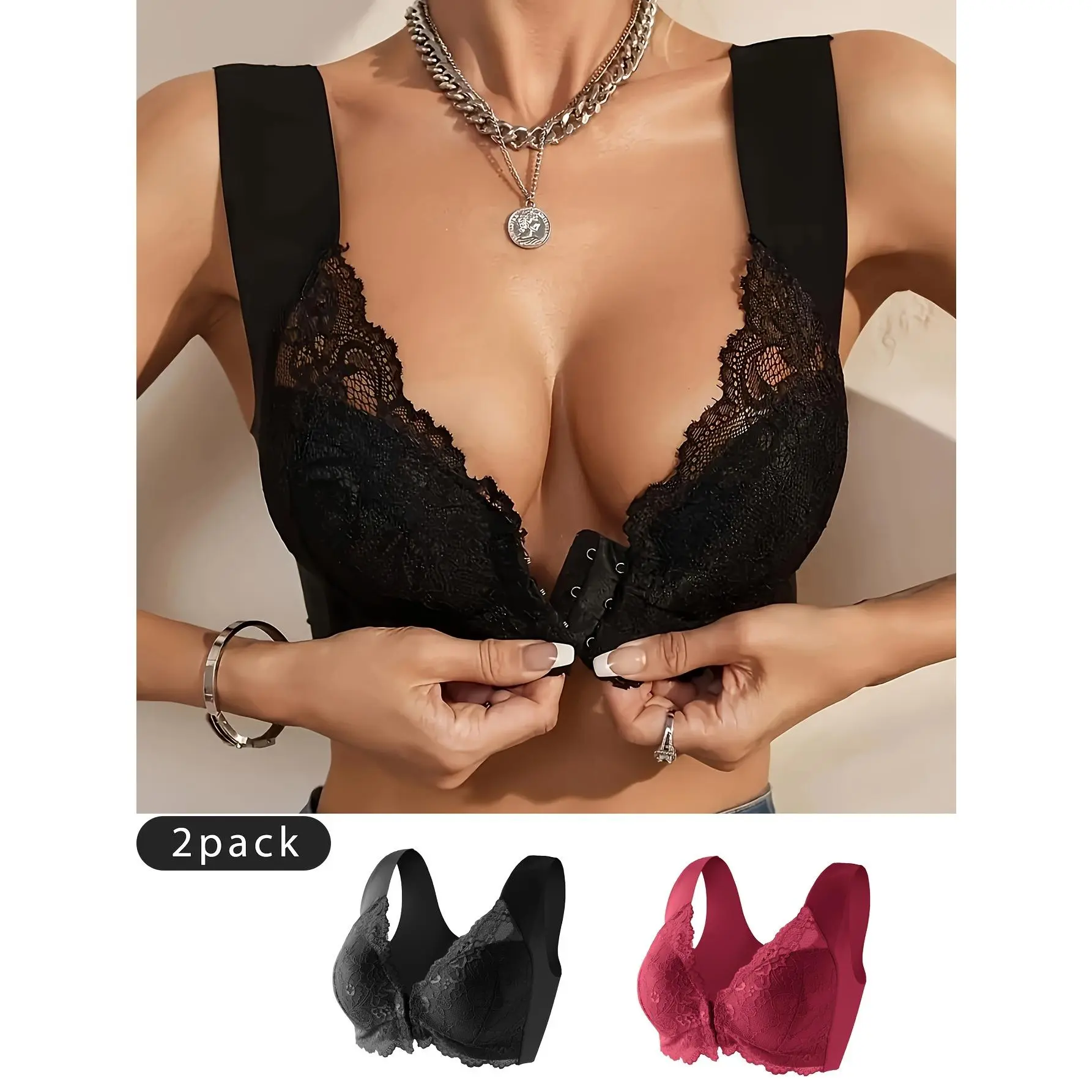 Cute and Elegant Bra Set, 2-Pack for Women, Plain Solid Lace Front Closure Push Up Bras, Wireless Deep V-Neck Polyester Knit with Elastane, Hand Wash, Holiday, All Seasons, Chic, Cold Wash, Do Not Dry Clean, Fabric