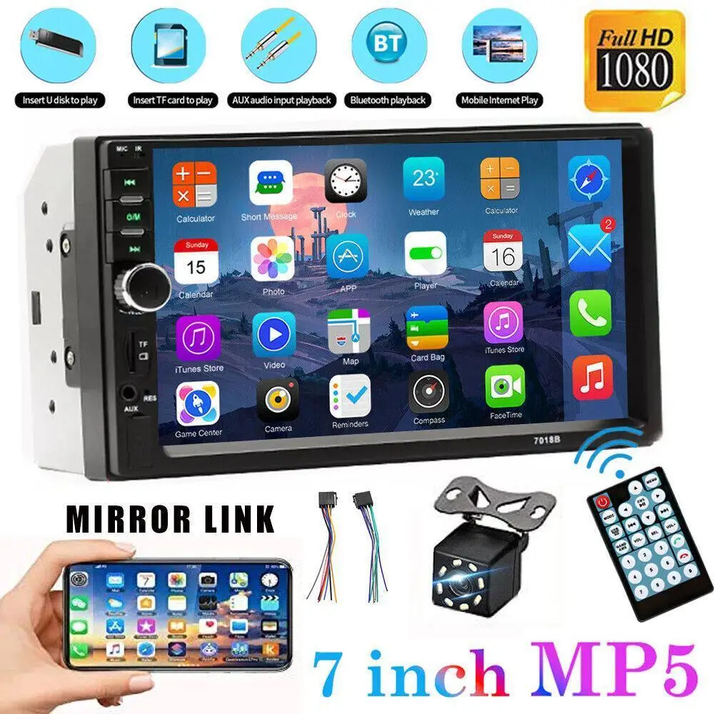 7” Double Din Car Stereo with Bluetooth – Touch Screen, Backup Camera, FM Radio, USB, AUX, MP5/MP4/MP3, Hands-Free, Steering Remote EQ & TF Card Input