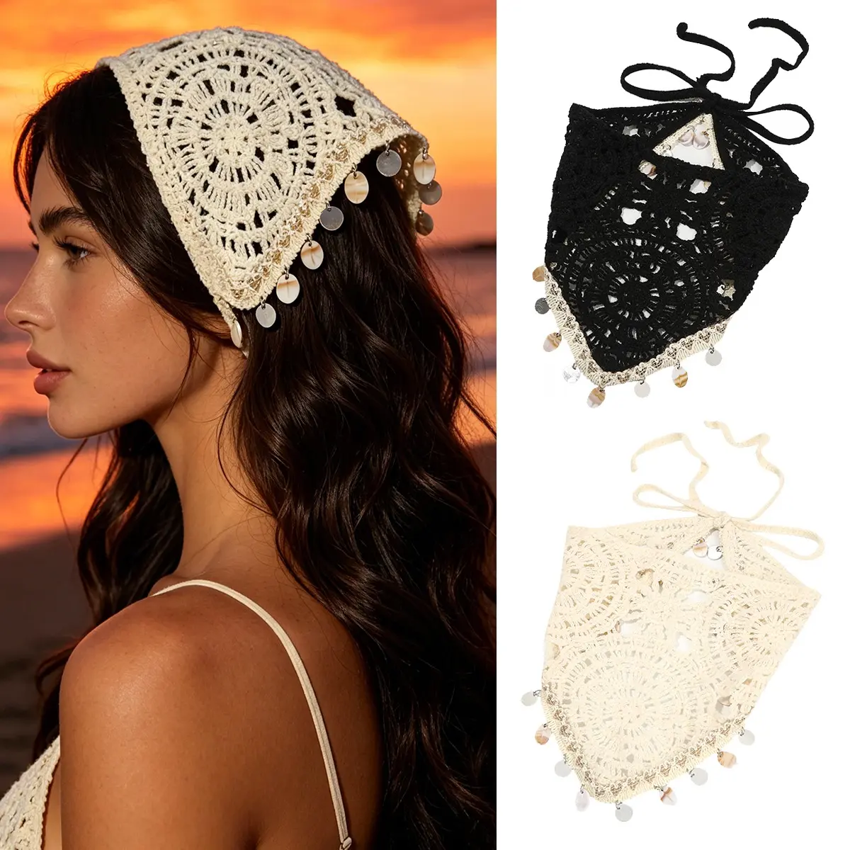 AWAYTR 2Pack Shell Pendant Crochet Hair Bandanas Headscarf Women Hair Scarf Beach Headband Vintage Head Kerchief for Women Girls