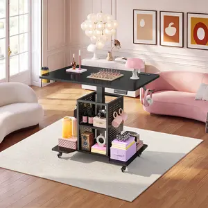 SEDETA 31.5 Inch Small Standing Gaming Desk Rolling Computer PC Desk Height Adjustable with Power Outlet Pegboard Storage Shelves RGB LED Light for Small Spaces