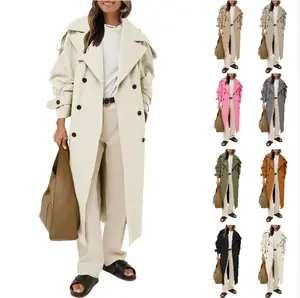 FMEYOA Womens Oversized Long Trench Coat Double Breasted Lapel Windproof Overcoat with Belt M7P203