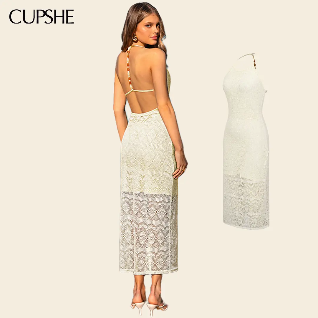 CUPSHE Women's Honey Beige Midi Dress V-Neck Sleeveless Flowy Summer Dress, Relaxed Fit with Waist-Defining Detail, Chic Vacation Dress for Beach, Resort Everyday Wear Casual Womenswear#tiktokshopbacktoschool