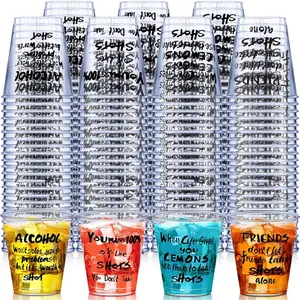 100 count Plastic Shot Glasses 2 oz Disposable Cups Bulk Clear Plastic Sample Cups Transparent Small Tasting Mugs   Container Fun Design for Party Birthday Supplies Wedding, 4 Styles