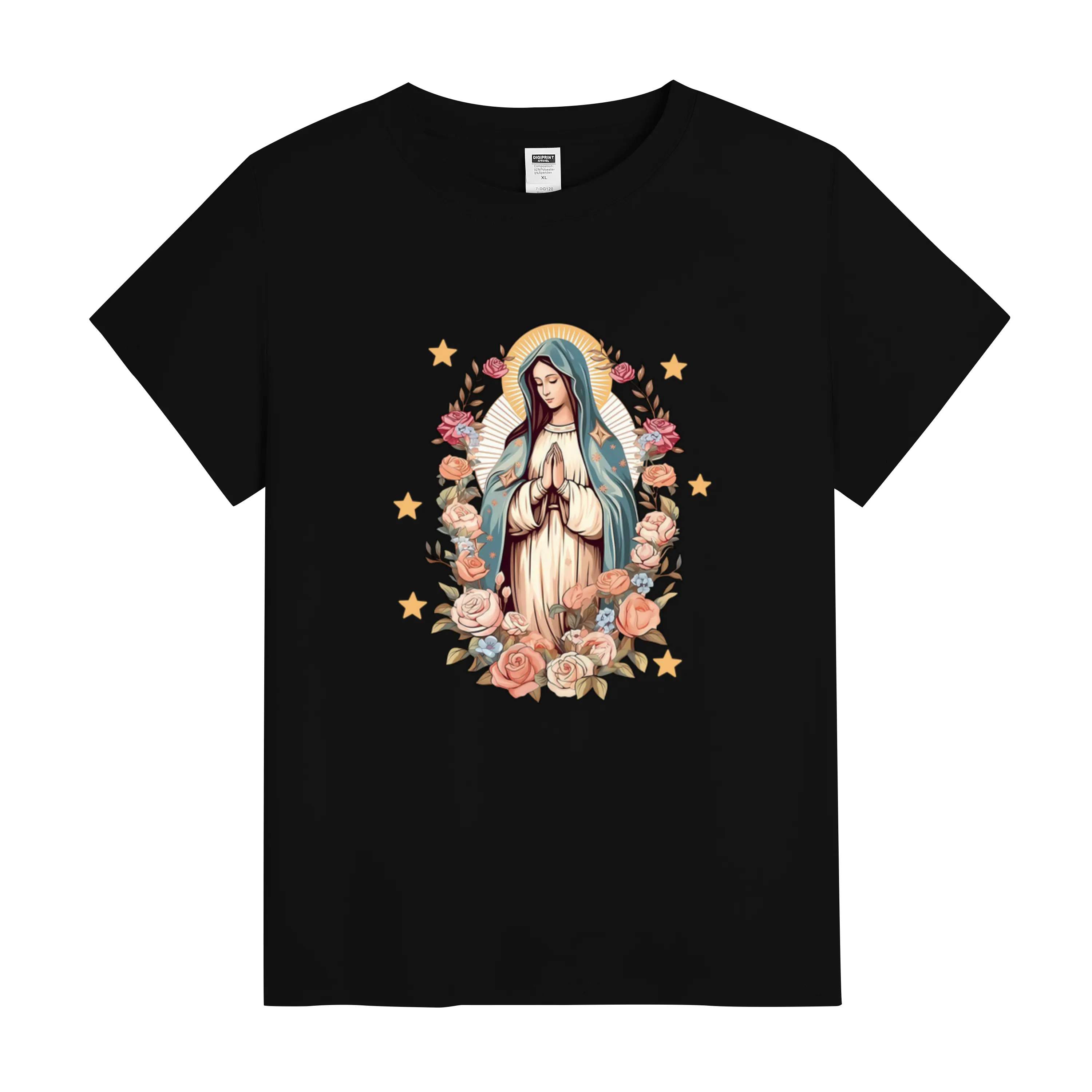 Women's Milk Silk Short Sleeve Tee – Breathable All-Season Top with Vivid Floral and Virgin Mary Design