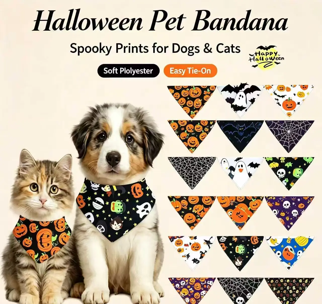 Halloween Pet Triangular Bandana, Festive Polyester Neck Scarf with Ghosts-Bats-Peacock Patterns, Holiday Costume Accessory for Dogs & Cats, Multiple Spooky Designs Available, Accessories