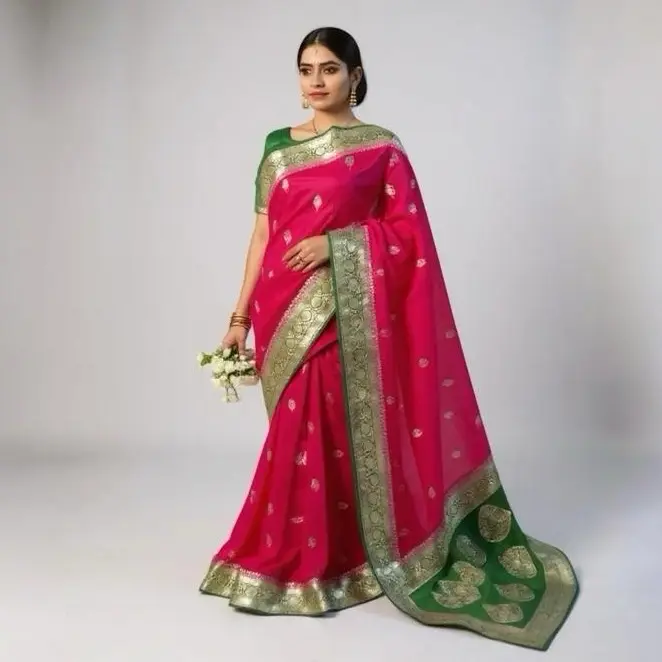 Elegant Silk Banarasi Traditional Saree for Women Wear Party Wear in Pink with Green Border and Gold Embroidery