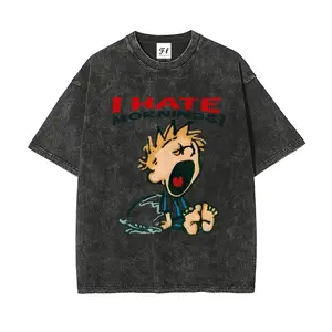 I Hate Mornings! Cartoon Angry Boy Pattern, Plus Size S~5XL, Unisex Washed T-shirt, For Men And Women, Vintage Wash Cotton, Retro Street Style, Buttery Soft Pre-shrunk.