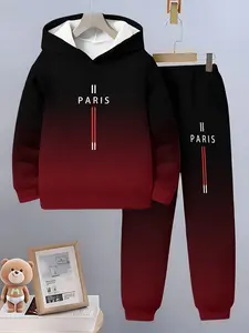 Boys' Fashion Letter Paris Pattern 3D Printed Hoodie Set, Long Sleeve Sports Wear, Casual Outdoor Hoodies for Spring Fall Winter