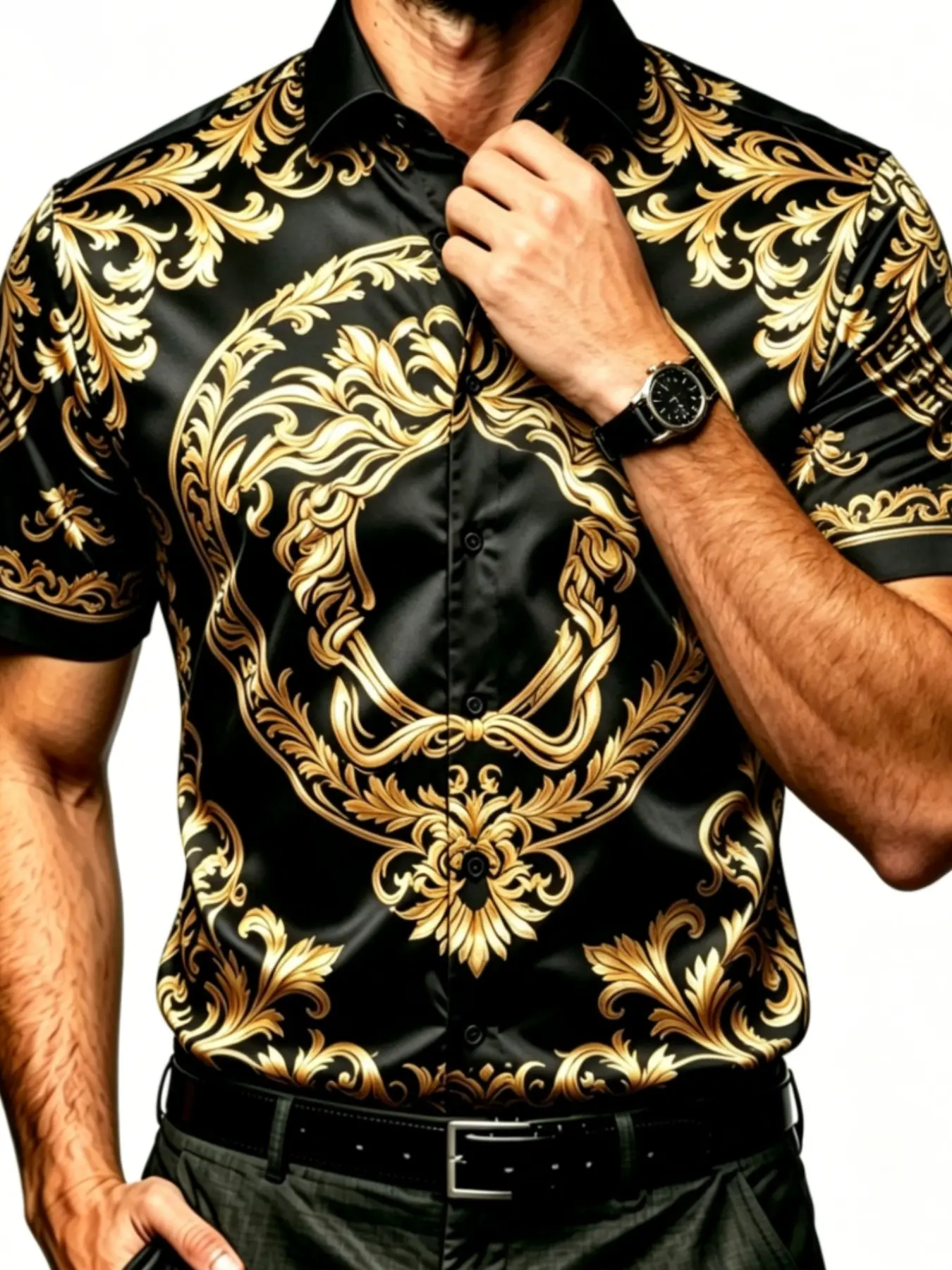 Men's Satin Baroque Print Short Sleeve Floral Shirt, Collared Shirts, Summer Casual Collared Top, Slim-Fitting, Classic Style, Solid Pattern