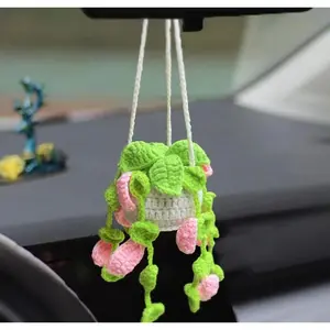 1pc Crochet Hanging Plant for Car, Cute Car Plant Accessories, Knitted Plant Car Mirror Hanger, Boho Car Plant Crochet Hanging Basket