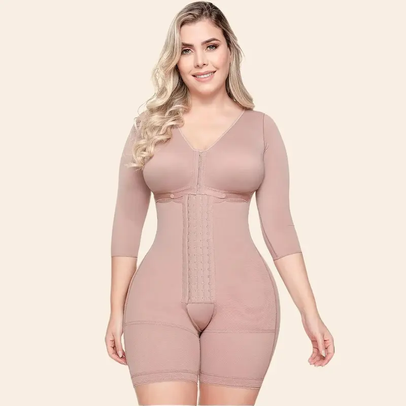 SONRYSE Lady's Basic High-Compression Sleeved Shapewear, Nylon Fabric, Built-In Bra, High-Back Support, Mid-Thigh Coverage, Fits Daily Use