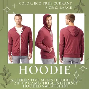 Alternative Men's Hoodie, Eco Zip Up Camo Triblend Jersey Hooded Sweatshirt, Eco True Currant, 3 x-Large Menswear Sweaters