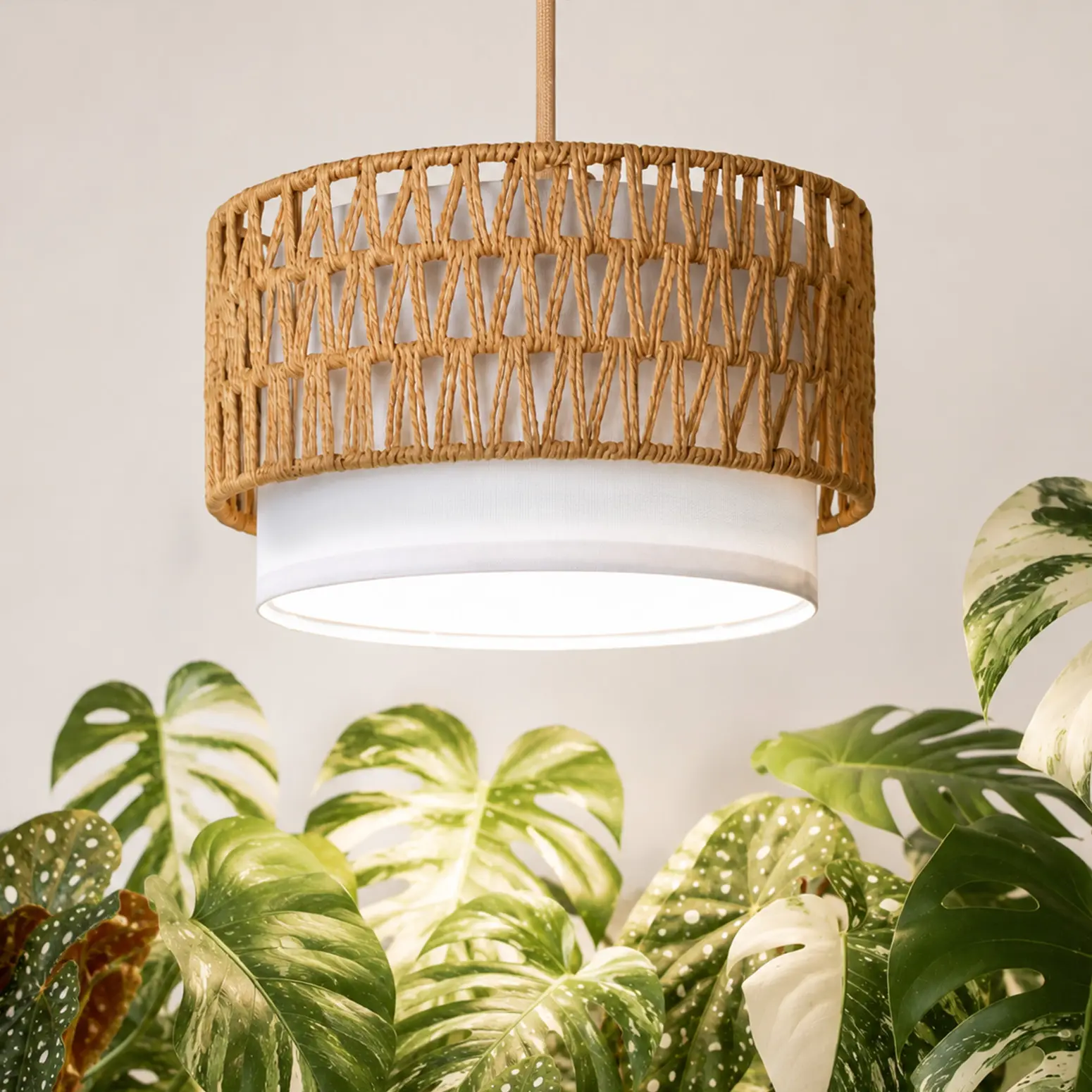 Boho Hanging Grow Light for Indoor Plants – H71 Dimmable 18W Full Spectrum with Timer, Rattan & Linen Shade, Ideal for Monstera, Flowers & Indoor Garden Decor