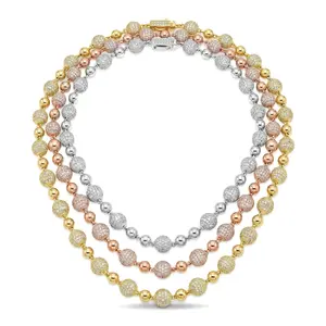 ④⑤Space ice Tri-Color Iced Out Beaded Necklace, 3 Layer 18K Gold/Rose Gold/White Gold Plated Bling Cubic Zirconia Ball Chain, Hip Hop Luxury Stackable Necklace for Women Men Daily & Party Wear