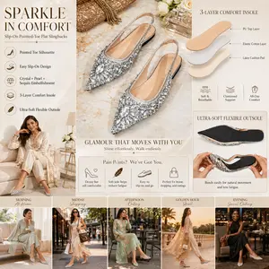 Sparkly Crystal Pearl Pointed Toe Slingback Flats for Women, Soft U-Shape Foldable Flexible Outsole, 3-Layer Comfort Insole, Slip-On Dress Shoes for Wedding, Party, Office & Vacation Footwear Nail Slipper Tsinelas Casual Knee