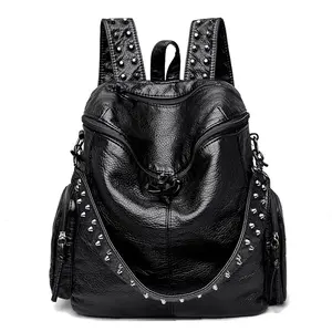 Women's Large Capacity Studded Backpack Glossy Synthetic Backpack with Golden-Tone Hardware, Multi-Pocket Design & Golden-Tone Hardware, Work, Everyday Use