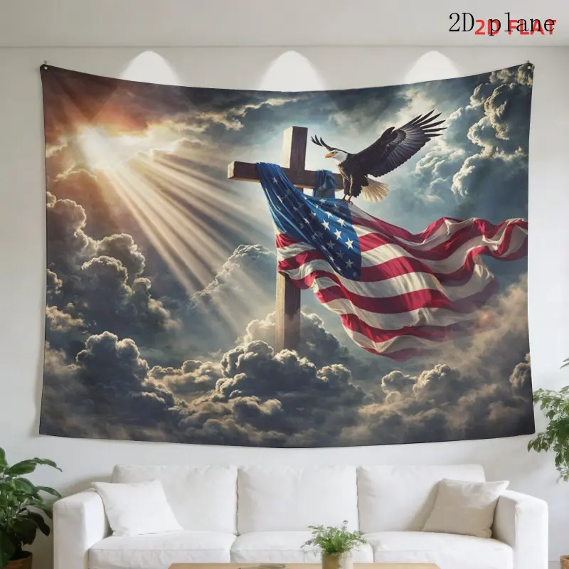 Classic Vertical Rectangular American Flag Flannel Back Hangable Tapestry Wall Hanging - Cross Theme, Sunshine Clouds, Bald Eagle Motif - Independence Day Decorative Accents Tapestries, American-Themed Room Decor, Parties/Events Backdrop