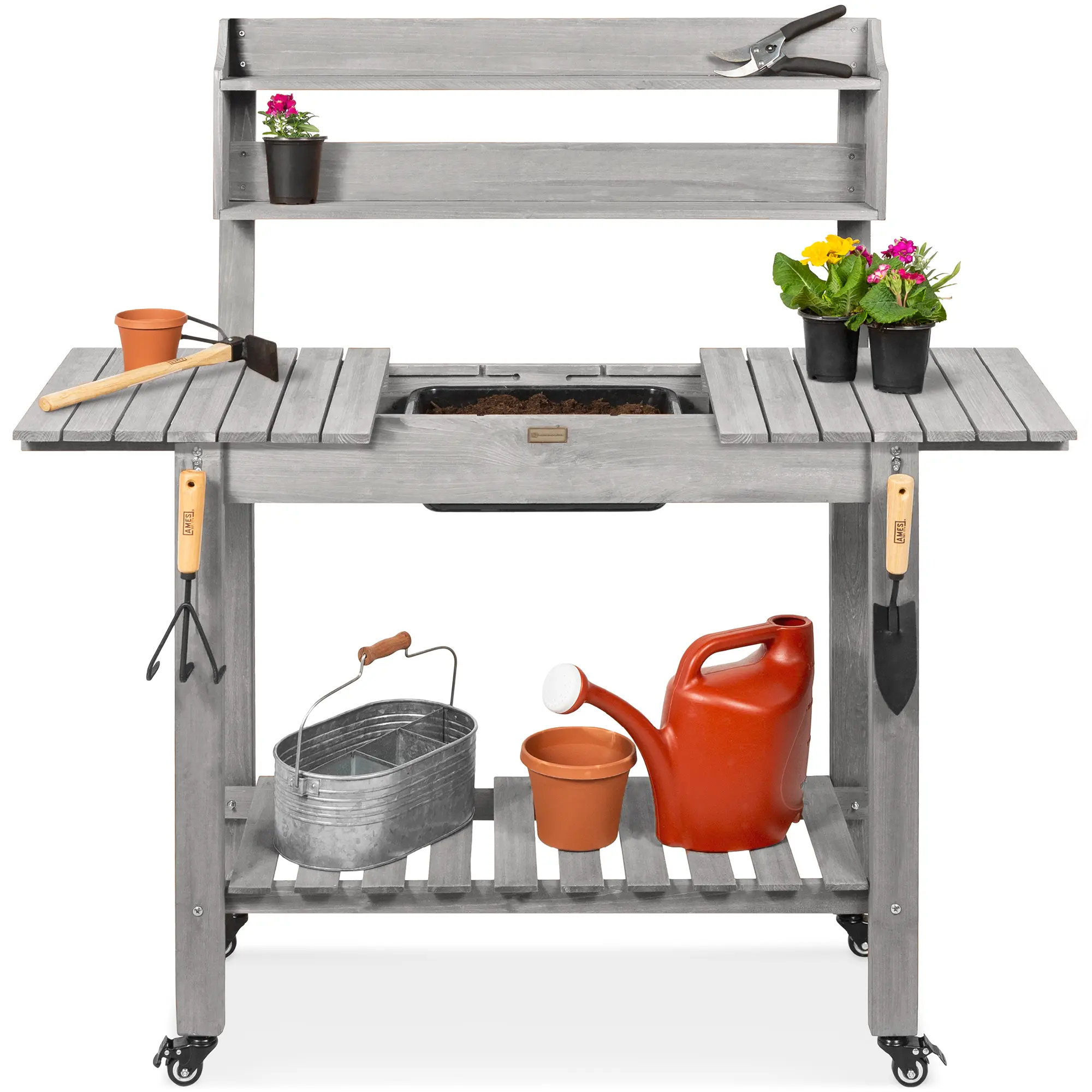 Best Choice Products Wood Garden Potting Bench Workstation Table w/ Sliding Tabletop, 4 Locking Wheels, Dry Sink