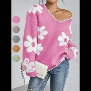 Women's Floral Pattern Scallop Trim Drop Shoulder Sweater, Casual Long Sleeve V Neck Jumper for Fall & Winter, Fashion Ladies' Knitwear for Daily Wear