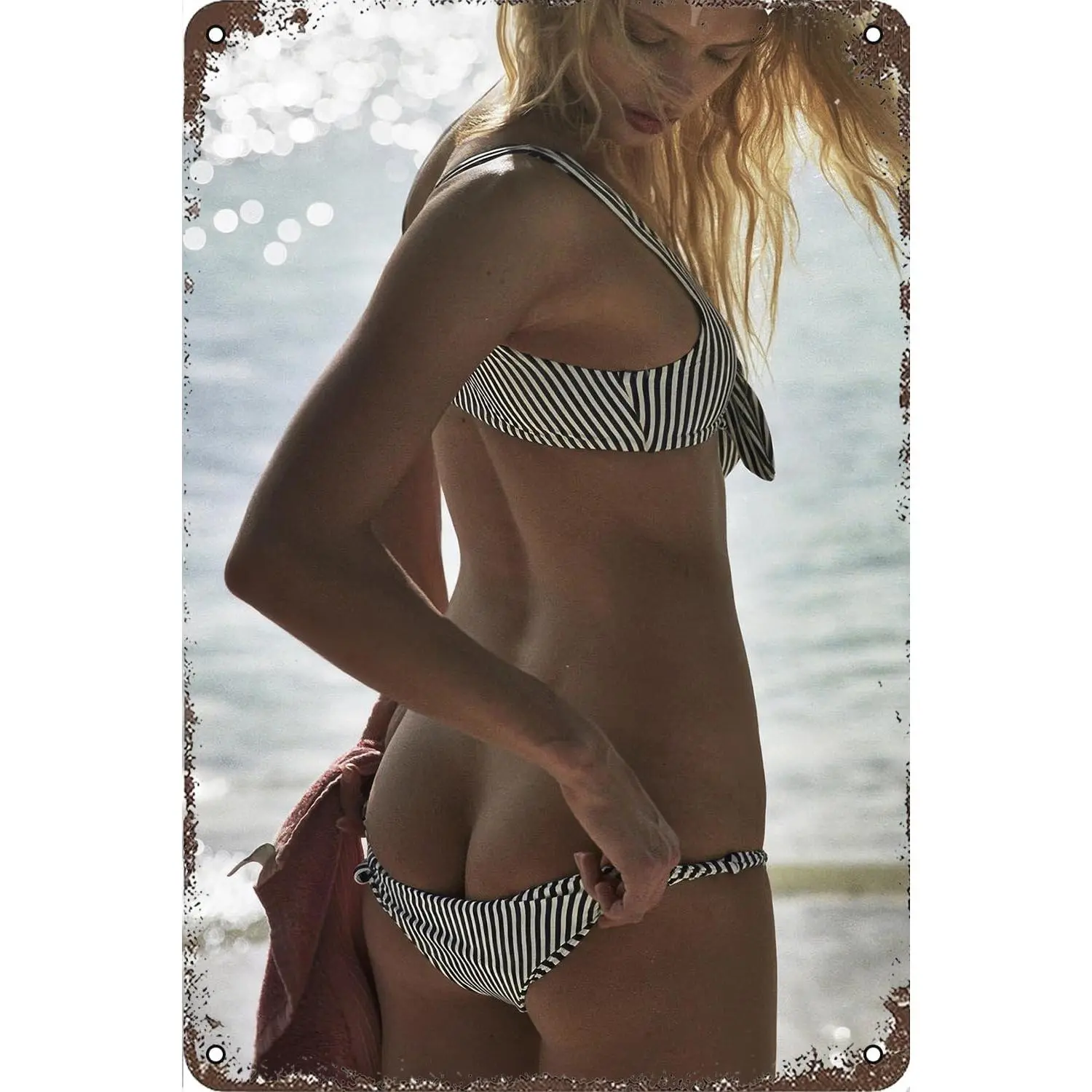 12x8 in Artistic Tin Metal Poster, Sexy Girl by the Sea Design Home Decor Accessory, for Lounge & Bar Wall Decoration