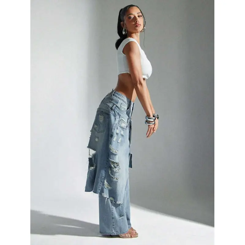 Baggy Fit Distressed Frayed Hem Overlapping Denim Jeans - TikTok 