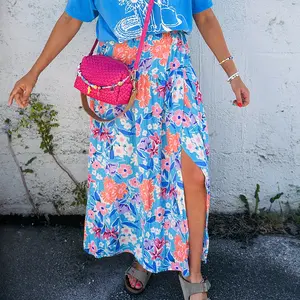Sky Blue Floral Printed High Waist Split Wrap Long Skirt