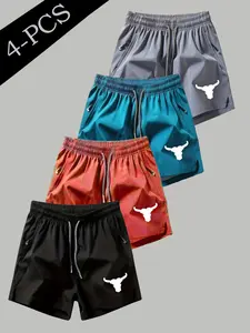 4-Piece Set American Retro Shorts, Western Trendy, Denim Enthusiasts, Simple Cow Print, Quick-Dry Breathable Fabric, Unisex