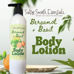 Basil Bergamot handcrafted body lotion - natural essential oil scents- paraben -free, smooth + invigorating Herbal
