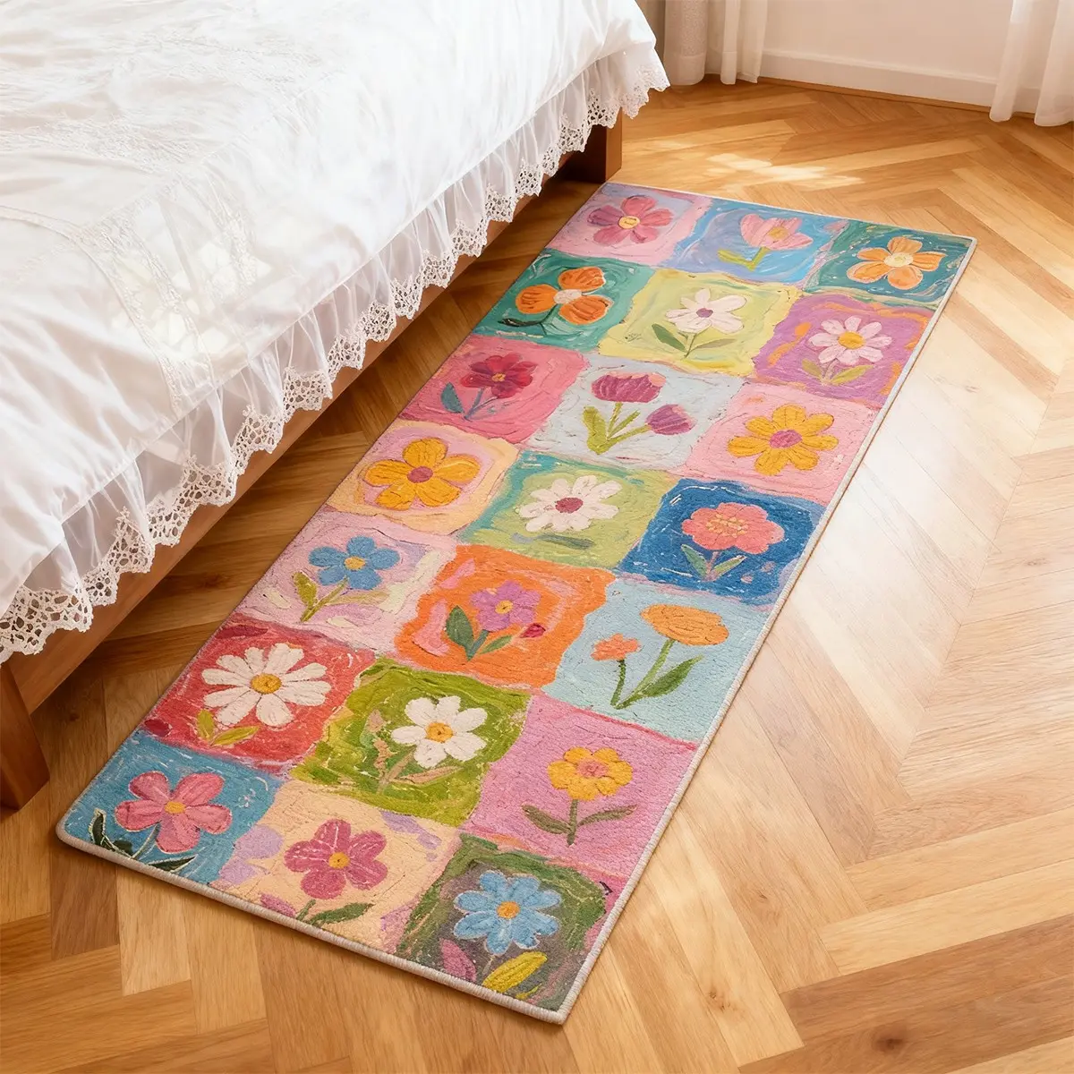 Dopamine Oil Painting Small Flower Carpet, Simple Cream Style Bedroom Children Bedside Rug, Luxurious French Long Strip Mat, Soft Comfortable Plush Foot Pad, Decorative Rug, Floral Rugs, Flower Pattern Rugs, Indoor Rug, Home Decor Rug