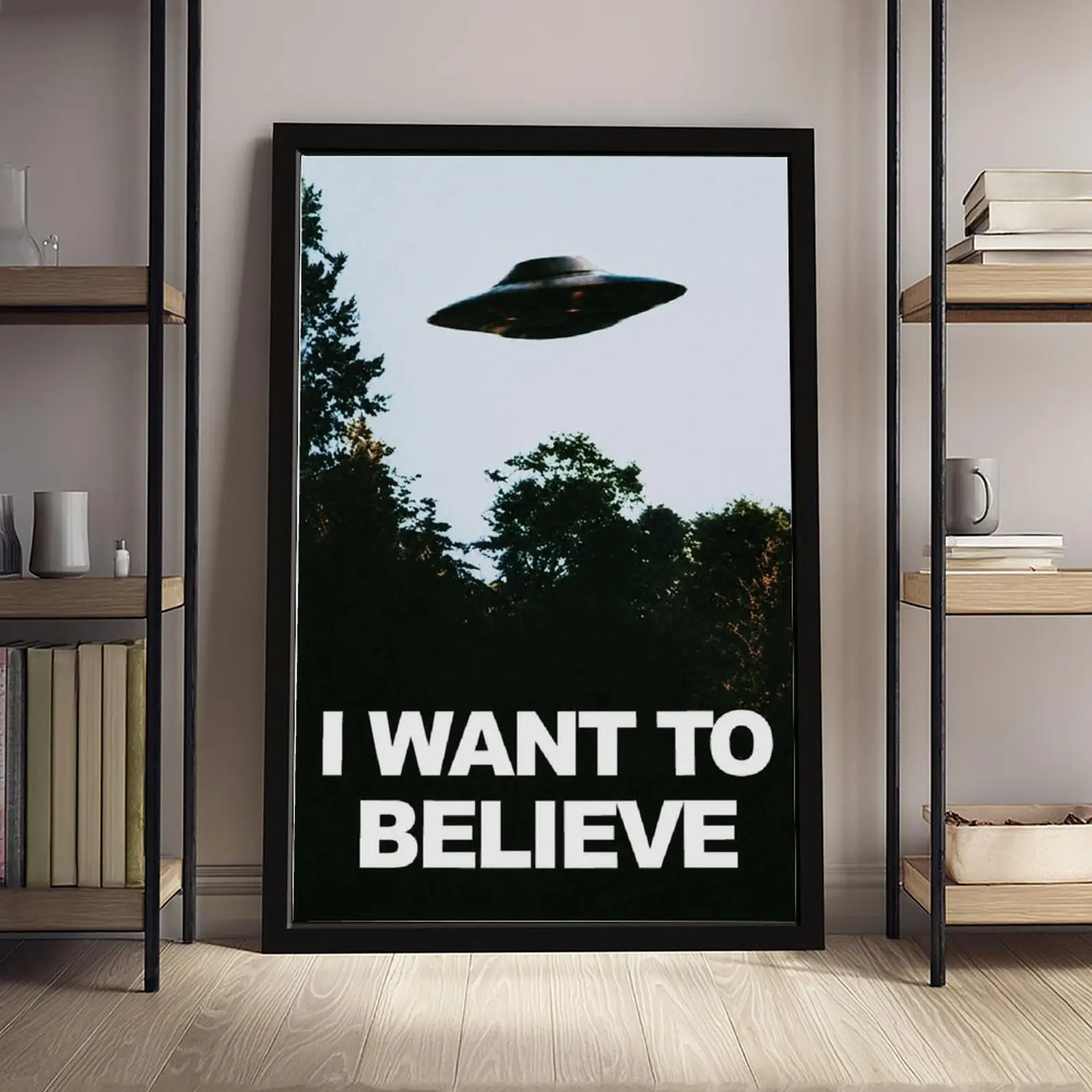 I Want To Believe UFO Canvas Wall Art,  Classic Sci-Fi Poster Print, Alien Paranormal Decor for Bedroom Man Cave Home Office, Framed/Unframed Multiple Sizes