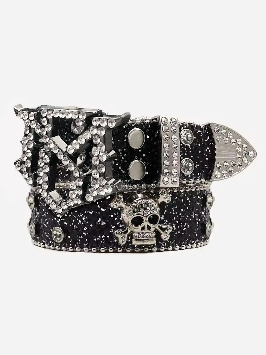 Thesupermade Rhinestone Skull Belt | Genuine Leather Studded Skull Buckle Streetwear Belt Men Women