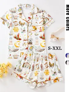 Women's All Over Print Pyjamas Two-piece Set, Casual Comfy Short Sleeve Lapel Neck Pajama Top & Elastic Waist Shorts PJ Set, Ladies Sleepwear, Loungewear Pajamas Set, Casual Pajama Sets