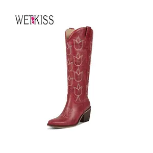 Wetkiss Tulip Embroidered Western Knee High Boots,Premium Durable Upper, 2.72in Block Heel,Retro Red/Brown/Black,All-Season Comfort for Women,Casual Style ,Women's Shoes,Women's Boots #Summervibes #TikTokShopStockUp