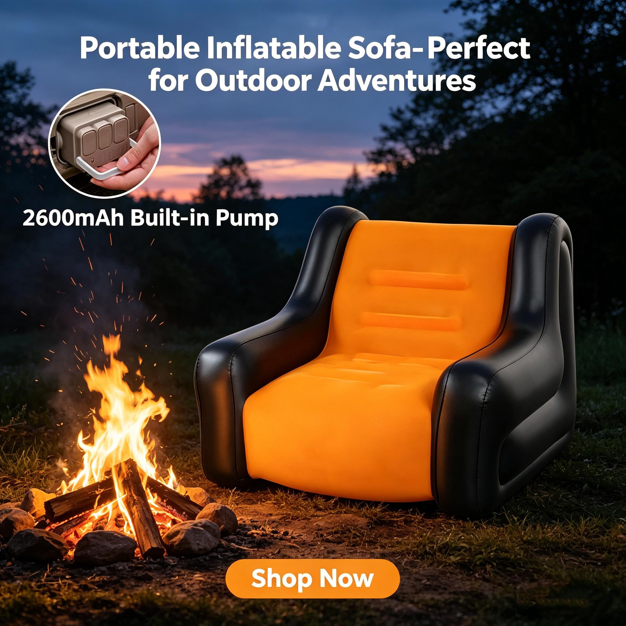 1pc Adult Plush Automatic Inflatable Sofa with 2600mAh Built-in Battery Pump, One-Click Inflate Deflate, Foldable Armrests for Home Camping Music Festival Outdoor Picnic Travel Leisure