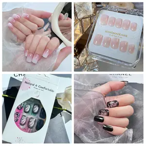 2 Styles Press On Nails – Black Vine Short Square & White Ombre Glossy Fake Nails | Cute Stick On Nail Set, Reusable, No Glue Needed