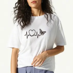 women's T-shirt Heart Pulse Butterfly Solid color printed short sleeved women's top White, black, khaki Fashion daily women's clothing