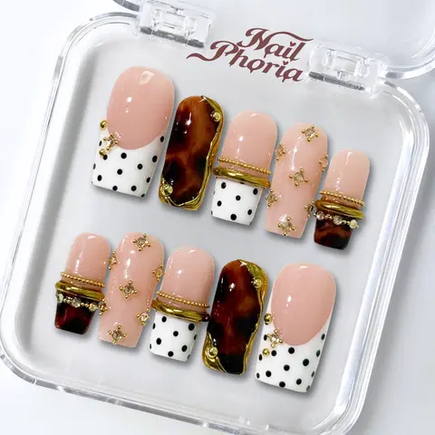 NailPhoria LUXE TORTIE DOTS - Fall Handmade Press-On Nails | Reusable, Salon-Quality, Long-Lasting, Glossy Design - Medium Square 25mm