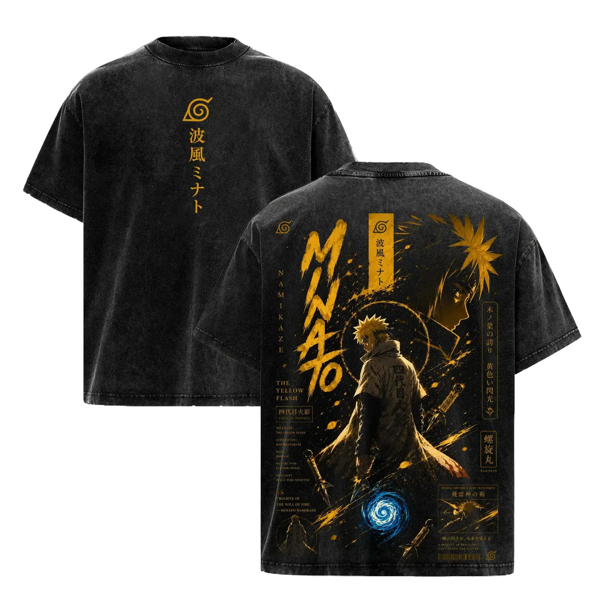 Minato Namikaze Fourth Hokage Vintage Washed Oversized T-Shirt Men Women Heavyweight Cotton Graphic Tee Anime Streetwear Y2K Retro Acid Wash Gym Pump Cover Yellow Flash Cosplay Casual Top Japanese Manga Merch High Definition Back Print NRT Apparel Gift
