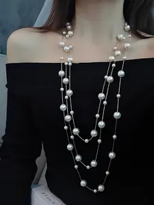 Women's Elegant Faux Pearl Decorated Long Necklace, Exquisite Trendy Layered Choker, Chic Jewelry As Gift for Girlfriend, Dangling Pearl Necklace
