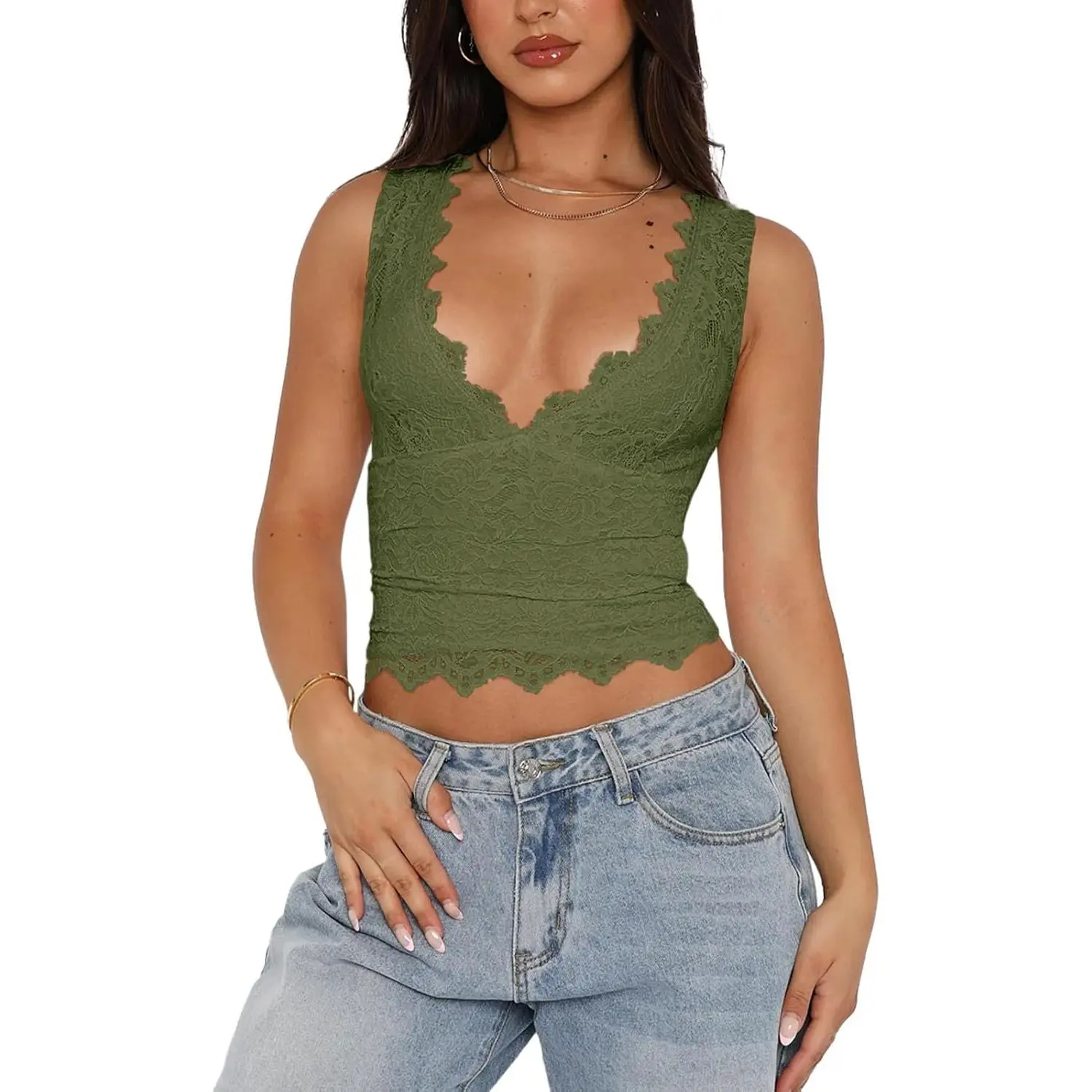 Women's V-Neck Sleeveless Double-Layered Fabric Cropped Tank Top, Y2K Trendy Lace Going-Out Piece, Basic Black Minimalist Hip-Length Womenswear Top